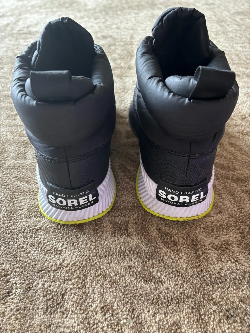Sorel Women's Black Puffy Ankle Winter Boots with White & Lime Accents
